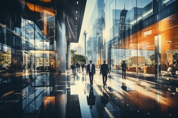 Business professionals walking in a modern office building