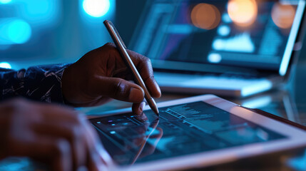 Close-up of hands using a digital tablet with a stylus pen, with a blurred background