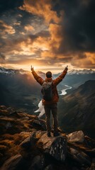 Wall Mural - Man celebrating mountain summit achievement