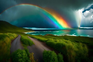 Wall Mural - A vibrant rainbow stretching across the sky after a passing rainstorm, framing a breathtaking landscape on the island.