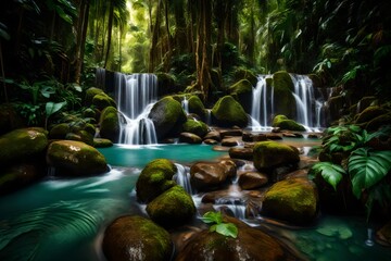 Wall Mural - A secluded waterfall hidden within a lush tropical forest, surrounded by vibrant greenery and the soothing sound of flowing water.