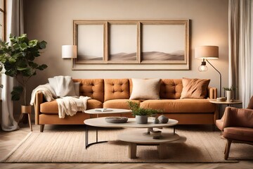 Wall Mural - A cozy and inviting living room with a blank frame above a plush sofa, warm color palette, and soft, textured decor.