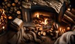 An overhead view of a cozy fireplace with logs and a warm blanket, creating a snug atmosphere for a winter-themed text.