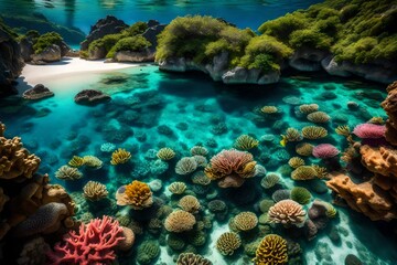 Wall Mural - A hidden cove with crystal-clear water,  a vibrant underwater world with coral gardens and exotic fish.