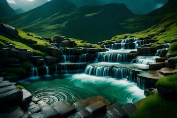 Wall Mural - Water tumbling down a series of rocky steps, nestled in the heart of a rich, green mountain range. The beauty of nature captured in high definition, every droplet frozen in time.