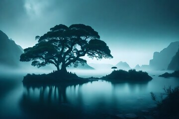 Wall Mural - A dense fog rolling over a mystical nature island,  towering ancient trees and mysterious landscapes beneath.