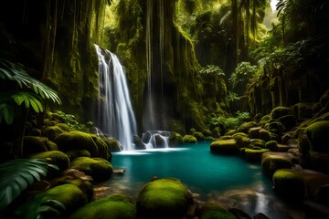 Wall Mural - A majestic waterfall plunging from a moss-covered cliff into a serene pool, surrounded by dense tropical vegetation.