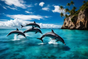 Wall Mural - A group of dolphins leaping joyfully in the crystal-clear waters surrounding the island, framed by a picturesque seascape.