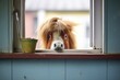 fluffy forelock peering over stable window sill
