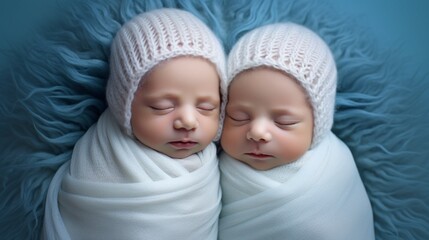 Wall Mural - Top view of two sleeping newborn twin boys wearing white cocoons and a knitted hat on a blue background. Studio professional close-up portrait. New life, family and children concepts.