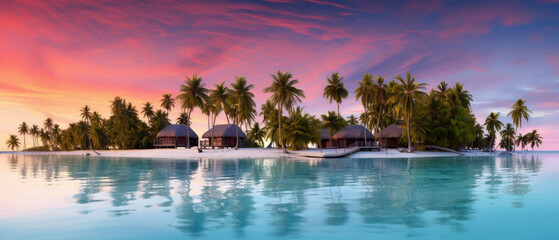 Wall Mural - beautiful sunrise view of a tropical paradise island with traditional wooden resort buildings, blue sky, expanse of sea, clear water and coconut trees