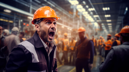 Worker in yellow helmet, special clothing shouts instructions, warnings in factory, is indignant in blurred background with fellow workers noisy shop floor.Safety rules at work.Workers' strike. Banner