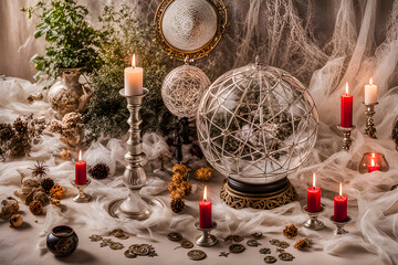 Wall Mural - burning candle, moon symbol, amulet and crystal ball lying on a light natural background. Witchcraft, esoteric spiritual ritual. photo Playground AI platform.