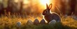 Easter symbols of rebirth, the bunny and eggs, bask in the tranquil evening sunlight. The soft light of dusk casts a serene glow on a peaceful scene, embodying the spirit of spring renewal.