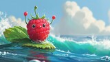 cartoon illustration of a cheerful funny raspberry surfing on a raspberry leaf