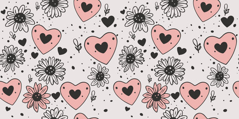 Aufkleber - Seamless pattern of hearts and daisies. Vector pattern for love cards. For printing on notebooks, pillows, packaging, seamless material, textiles.