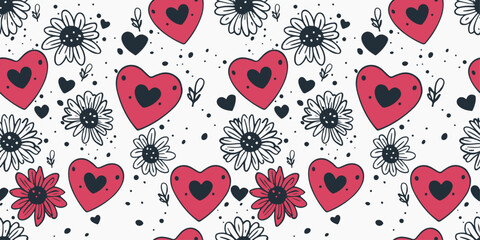Aufkleber - Seamless pattern of hearts and daisies. Red stylish hearts. For printing on notebooks, pillows, packaging, seamless material, textiles.