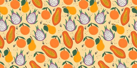 Fototapete - Pattern of exotic fruits. Dragonfruit, papaya, orange, pear. Light background and seamless pattern. For printing on notebooks, pillows, packaging, seamless material, textiles.
