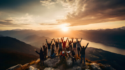 Wall Mural - Group of people have fun in success, happy pose of people with raised arms on mountain top against sunset lakes and mountains