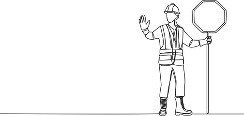Wall Mural - continuous single line drawing of female road worker with stop sign, line art vector illustration