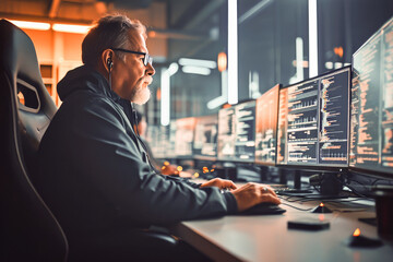 A software developer monitors data on multiple screens in a technology-driven workspace.