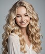 © Portrait sensual - Model with long blonde wavy hair and a gentle smile posing in a studio