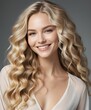 © Portrait sensual - Model with long blonde wavy hair and a gentle smile posing in a studio