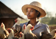 African farmer woman, chicken and portrait outdoor in field, healthy animal or sustainable care for livestock at agro job. Poultry entrepreneur, smile and bird in nature, countryside or agriculture