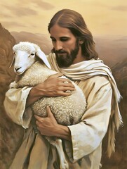 Canvas Print - Oil painting of Jesus recovered the lost sheep carrying it in arms.