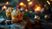 Christmas Dessert With Caramel And Whipped Cream In A Glass, Selective Focus