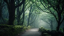 A Tranquil Forest Path Meanders Through Towering Trees Covered In Vibrant Green Moss, Shrouded In Fog.
