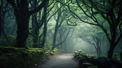 A tranquil forest path meanders through towering trees covered in vibrant green moss, shrouded in fog.
