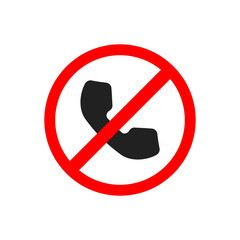 Calls prohibited sign. Flat, red, telephone receiver crossed out with a red line, calls prohibited icon. Vector icon