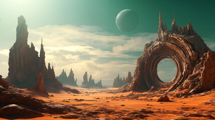 Wall Mural - landscape of an alien planet, beautiful view of red desert on another planet, fictional sci-fi backg
