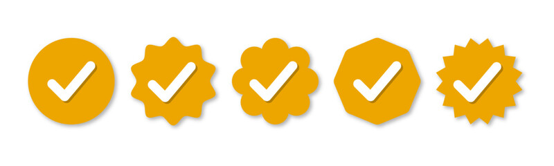 Leinwandbilder - Set of verified badge. yellow tick vector. Set of right symbol in zig zag style with yellow and white color and shadows, Social media official account tick symbol, Vector icon