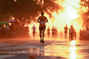 Silhouette of a runner during a marathon at sunrise with a vibrant sky and tropical background.