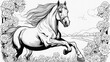 horse drawn black and white, coloring book page,                                 A horse with a tail and a flowers rose