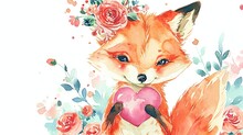 Cute Kawaii Fox Holding A Pink Heart