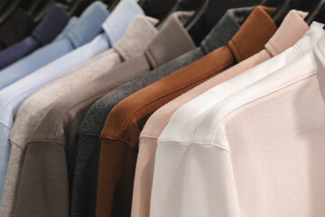 Poster - Multicolored men's polo shirts on hangers in store, fashion clothing concept background