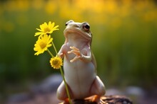  A Frog Sitting On Top Of A Tree Stump With A Flower In It's Mouth In Front Of A Blurry Background Of Dandelions Of Grass And Yellow Flowers.