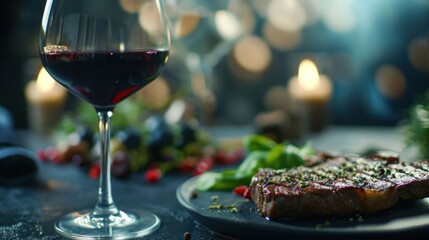  a close up of a plate of food with a glass of wine and a plate of food with a piece of meat and a glass of wine on a table.