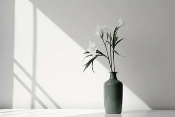 Wall Mural -  a green vase filled with white flowers on top of a white table with a long shadow of a window on the side of the wall and a white wall behind it.