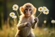  a small monkey sitting on top of a grass covered field next to a bunch of daisies and holding a flower in it's hands and looking at the camera.