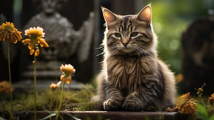 Wall Mural - A ginger cat is sitting on a stone slab near some yellow flowers