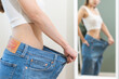 © KMPZZZ - Shape slender, thin waist, slim fit asian young woman, hand showing body shape her weight loss, wearing in big, large or oversize jeans, excess lose by diet and exercise. Healthy lifestyle concept.