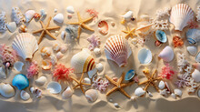 Beach Seaside Top View Of Seashells And Toys