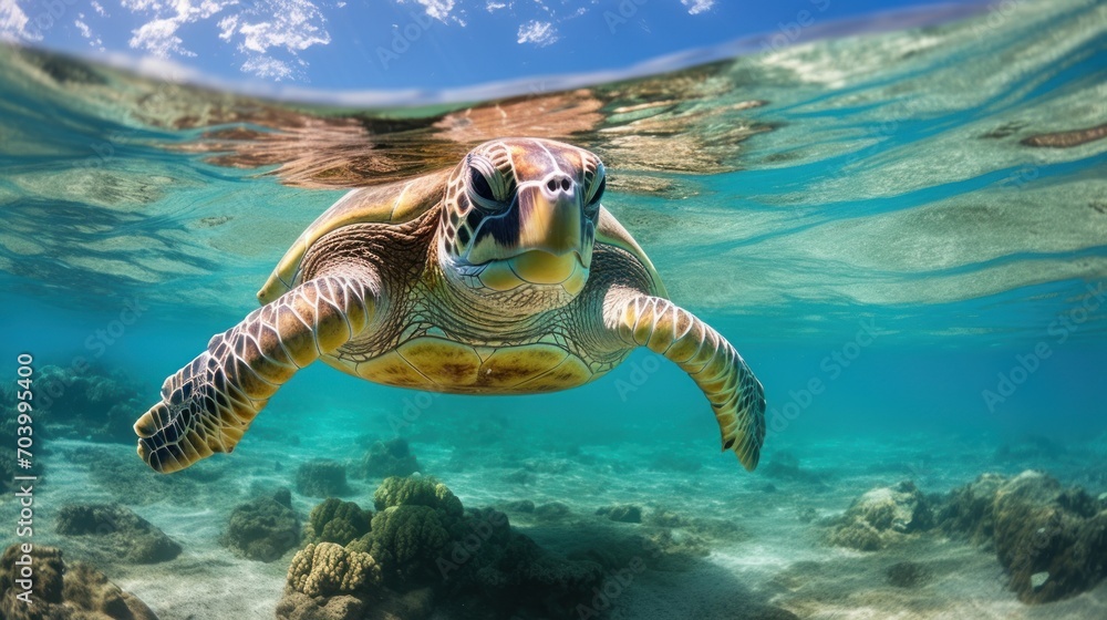 a green sea turtle swims over a coral reef in clear blue water, with a ...