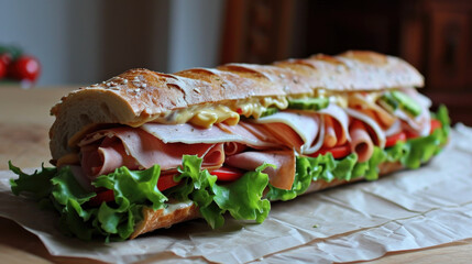 Wall Mural - Delicious sub sandwich, with deli meat and lettuce