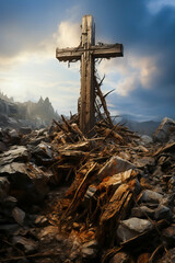 Wall Mural - A cross in the mountain. Death of the Jesus and resurrection in the catholic religion