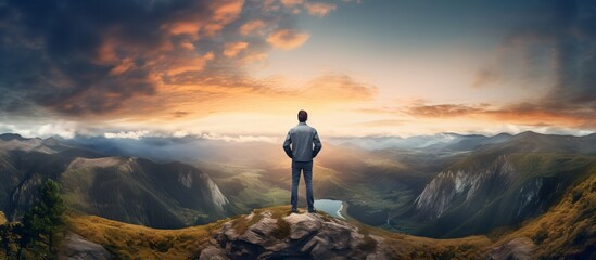 Wall Mural - Man standing on a mountaintop overlooking a valley